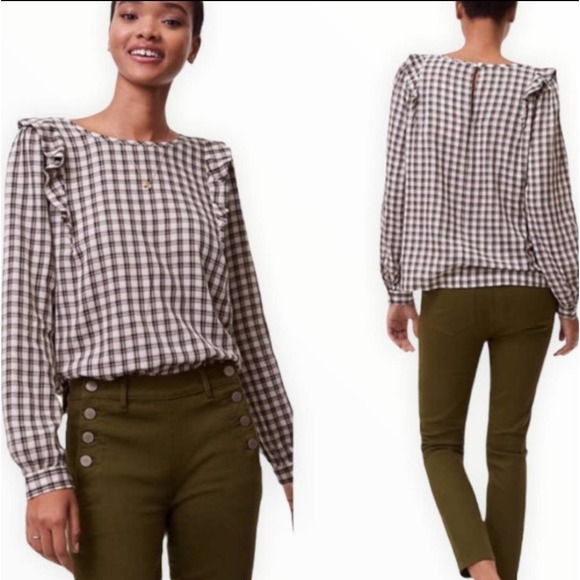 LOFT Plaid Ruffle Long Sleeve Crew Neck Blouse Medium Petite - Picture 1 of 9